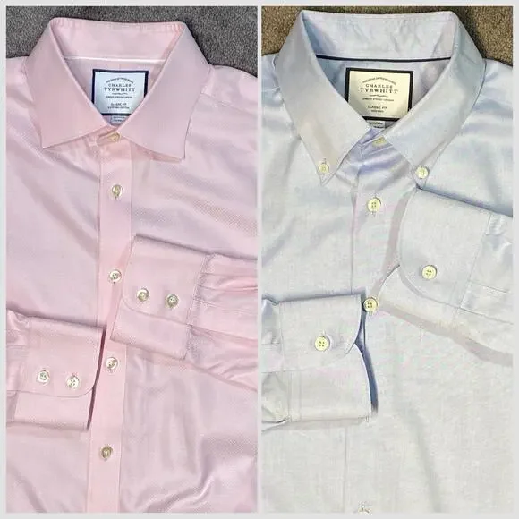 2 Chales Tyrwhitt Large Classic Fit Shirts Pink Patterned & Blue Oxford Cloth - Picture 2 of 16